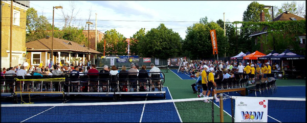  St James Tennis Club courts transformed for an exhibition match on a beautiful, sunny day in August.