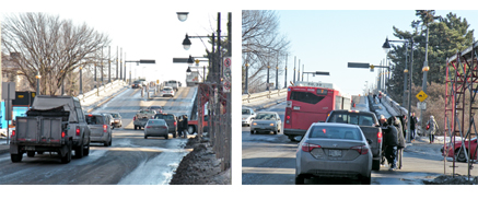Traffic problems in the Glebe abound. One such trouble area is at the north end of the Bank Street Bridge at the corner of Wilton Crescent. On March 7, although traffic volume was low, an accident did occur at that corner immediately before the photographer arrived. This junction seems confusing and dangerous. Left lane northbound traffic turns left across the fast-flowing southbound lane of traffic while other cars and trucks are simultaneously trying to turn right onto the bridge from Wilton Crescent. (the two photos above were taken within two minutes of each other).