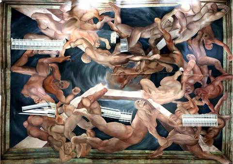The mural inspired by Dante’s “Inferno” was painted on the ceiling of a basement classroom by GCI student Peter Ferk in 1977, giving rise to its name, the “Naked Room.” This composite photo was created from 28 sequential photos taken by Cattelan while lying supine. She then painstakingly put the picture puzzle together, blurring the edges in Photoshop. Slight differences in photo angle account for the appearance of the ceiling light fixtures.